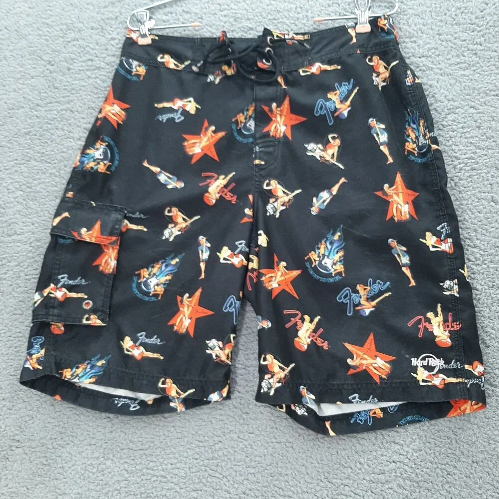 Hard Rock Hotel Mens Black Swim Trunks Fender Guitars Pin-Up Rockabilly Size M